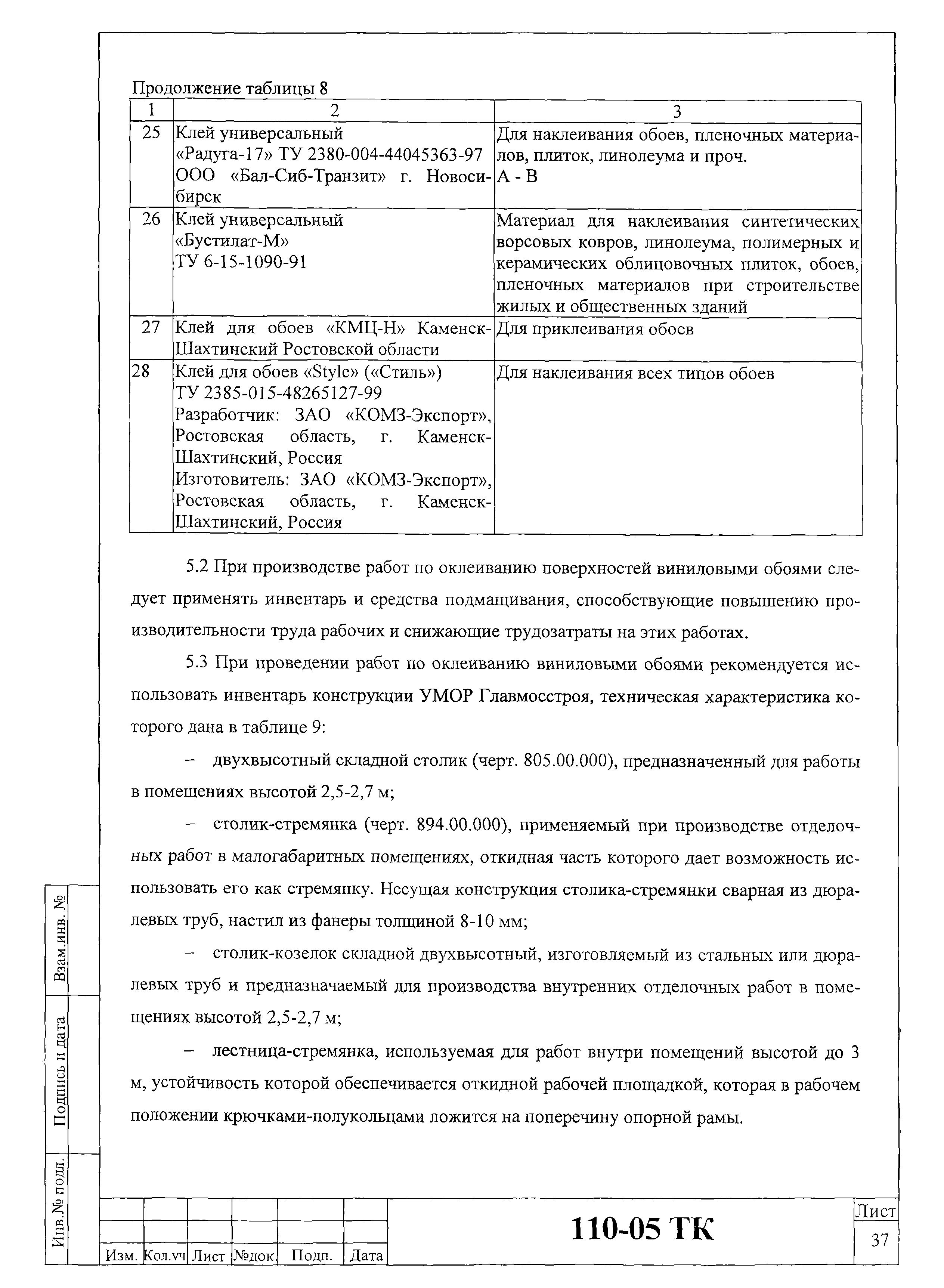 Технологическая карта 110-05 ТК