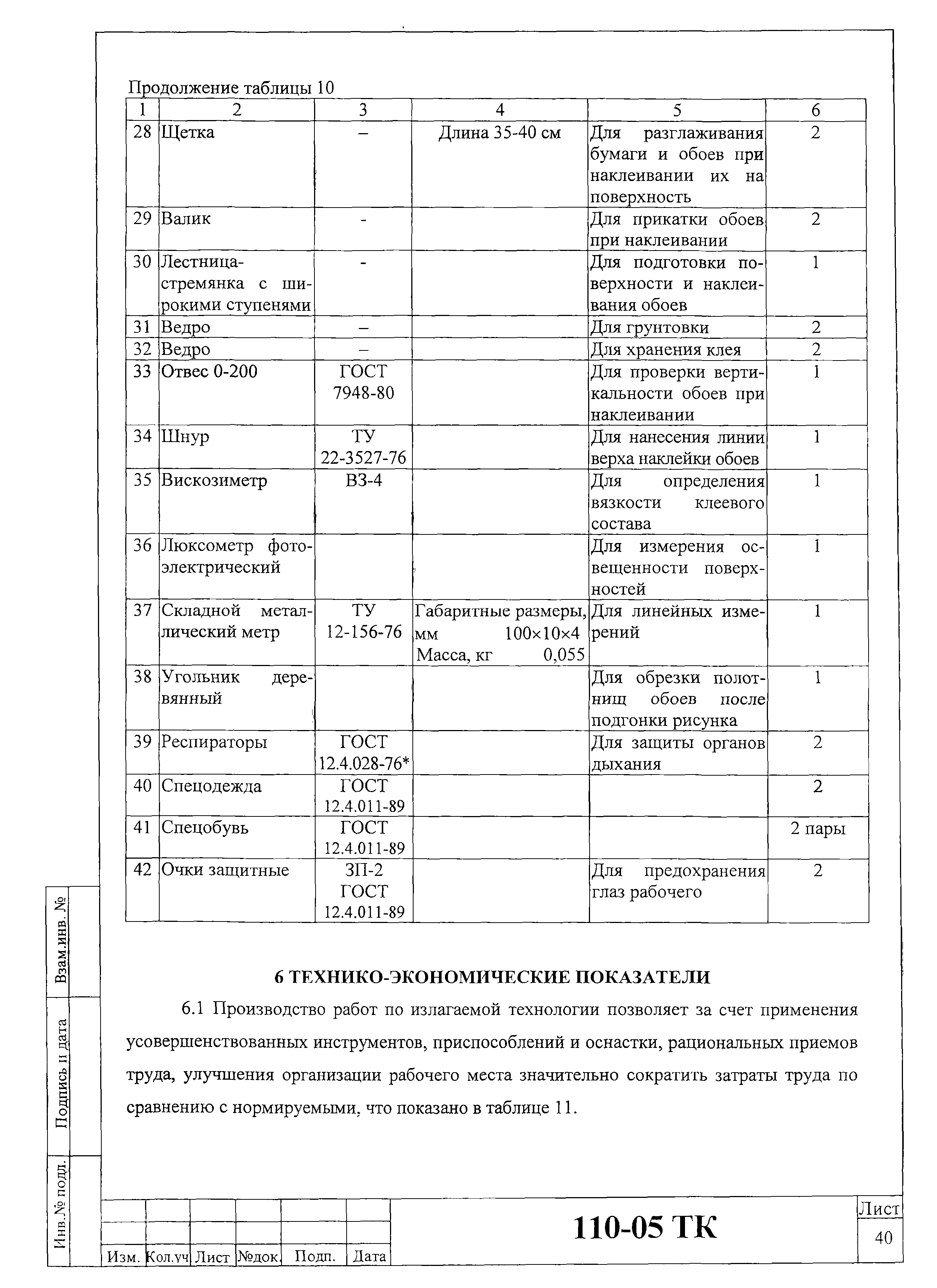 Технологическая карта 110-05 ТК