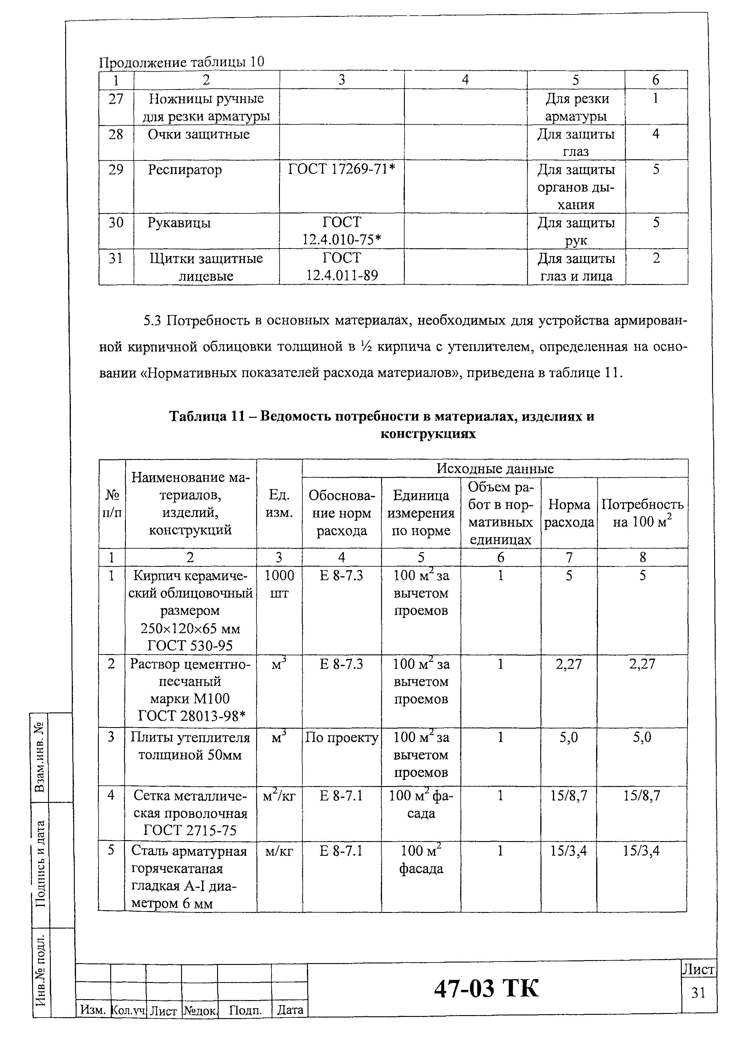 Технологическая карта 47-03 ТК